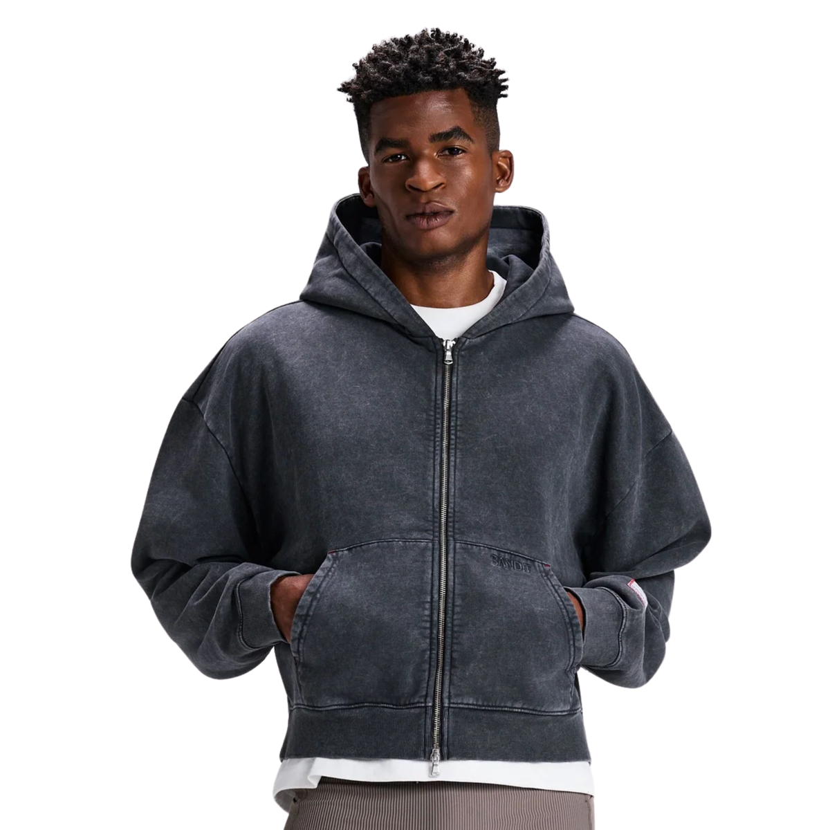 UNISEX CHROMA WASHED CROPPED 2-WAY ZIP - BLACK CHROMA WASH