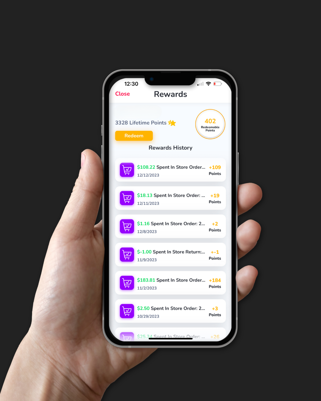 picture of someone with an iphone showing their rewards points.