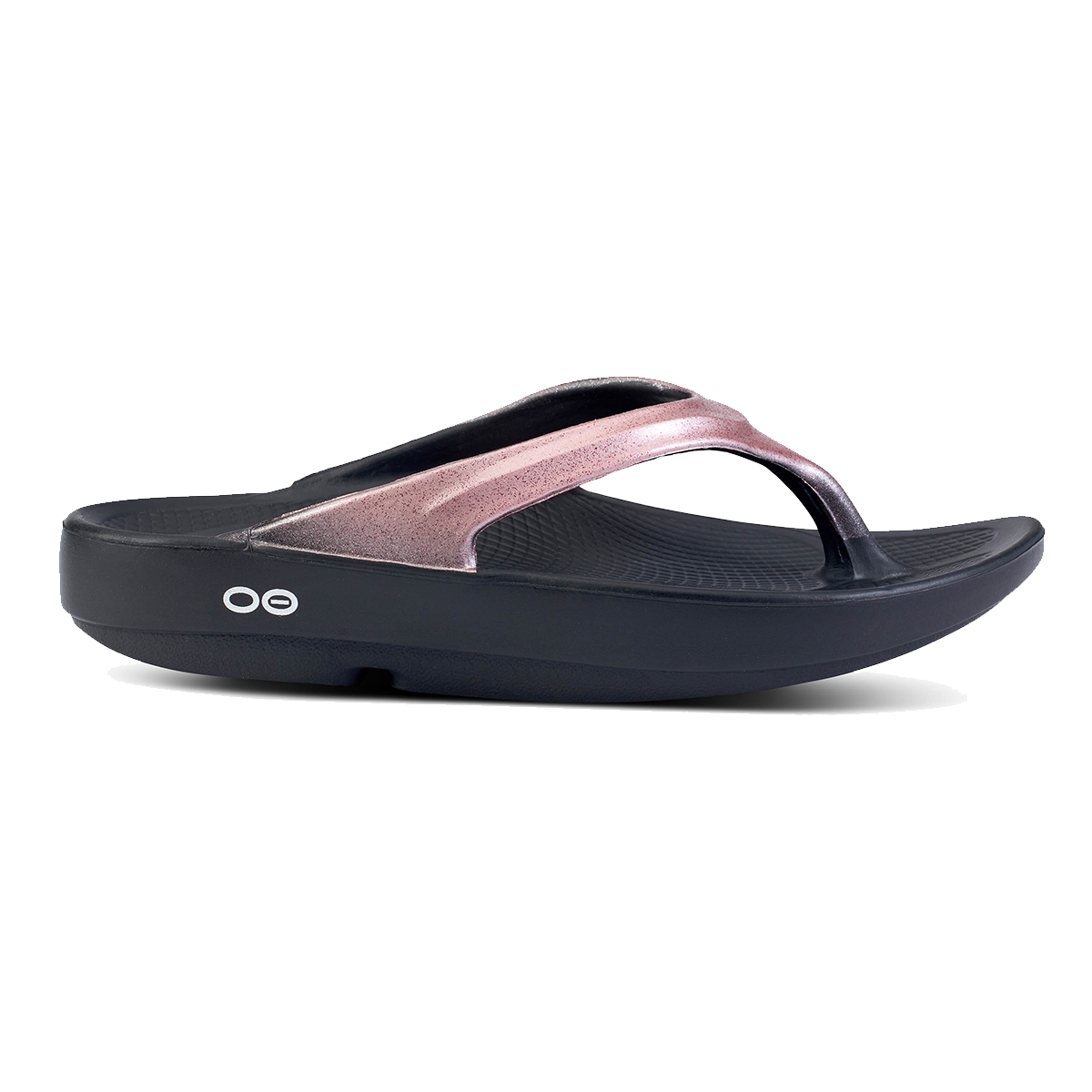 OOFOS WOMENS OOLALA LUXE SANDAL - BLACK/ROSE SPARKLE - CLEARANCE 