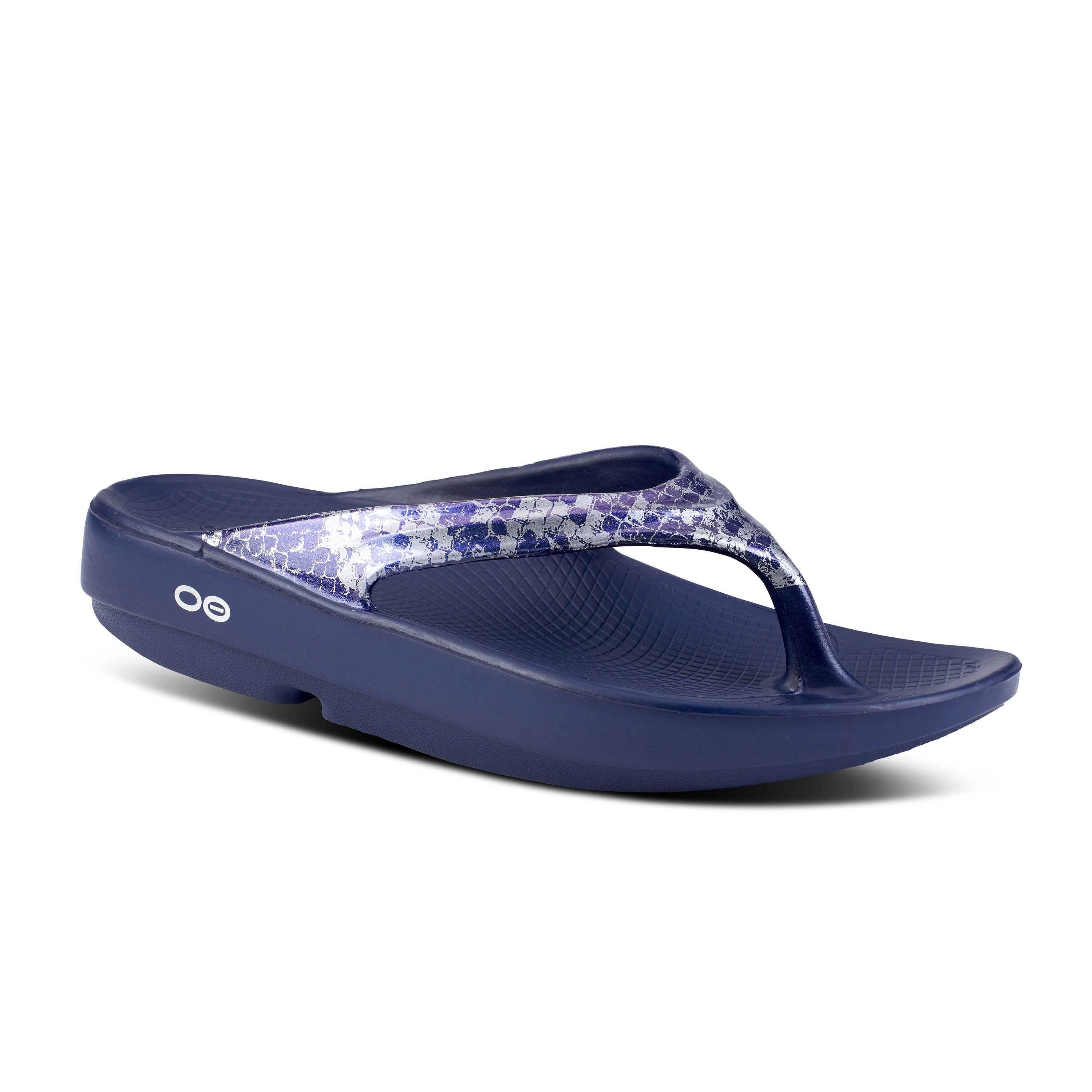 OOFOS WOMEN'S OOLALA LIMITED SANDAL - NAVY/SILVER SNAKE - CLEARANCE 