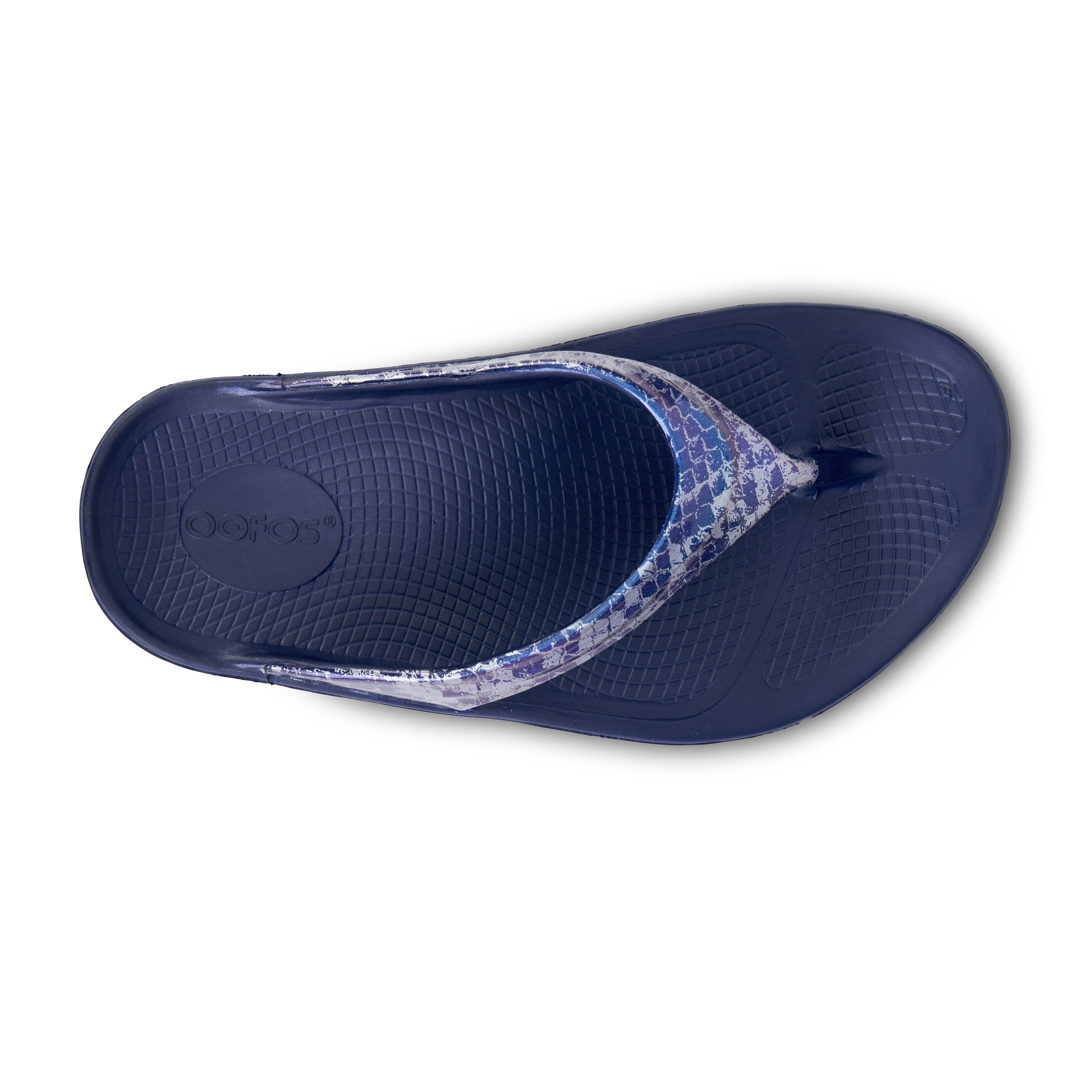 OOFOS WOMEN'S OOLALA LIMITED SANDAL - NAVY/SILVER SNAKE - CLEARANCE 