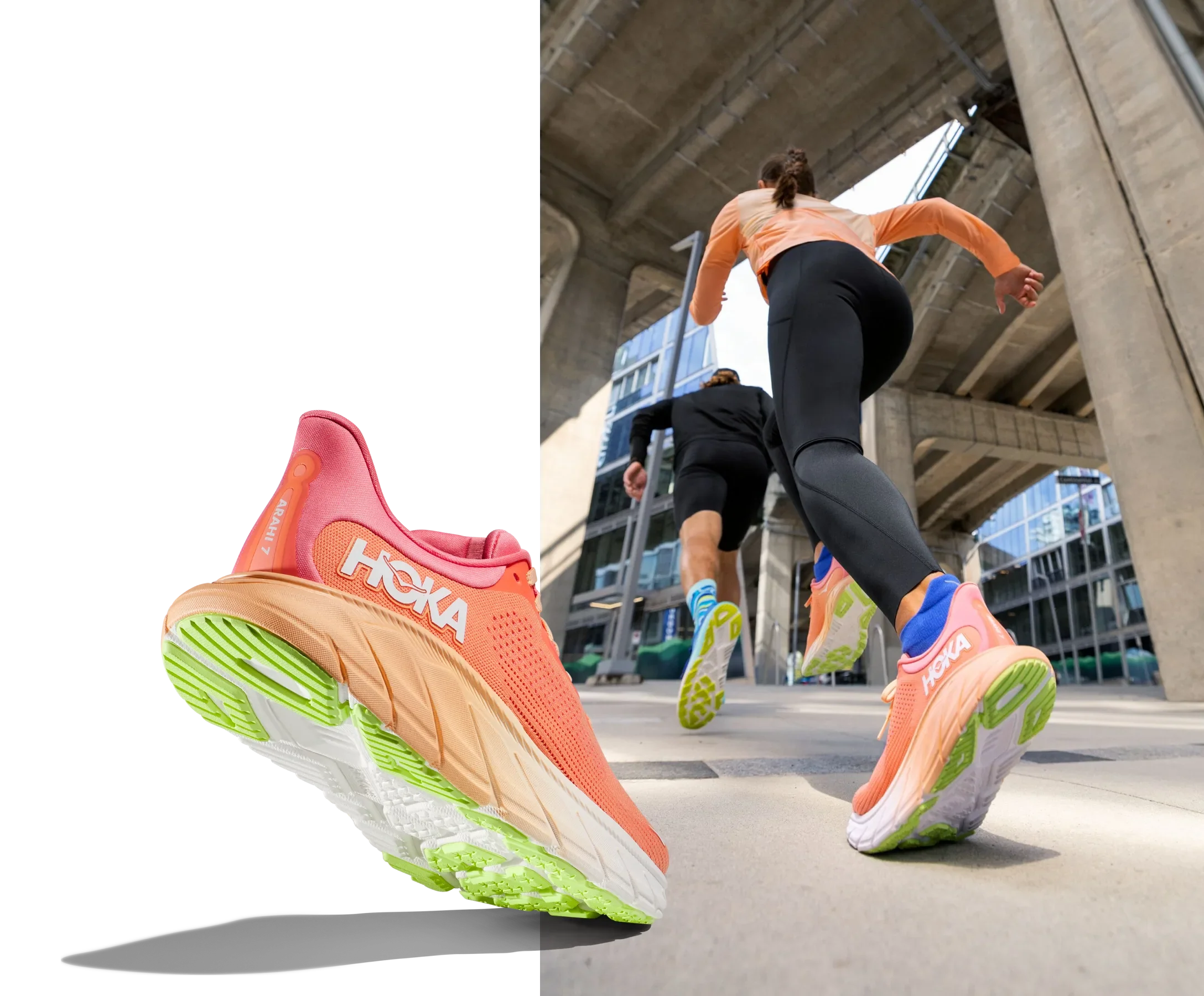 picture of hoka shoes. click to shop hoka new arrivals.