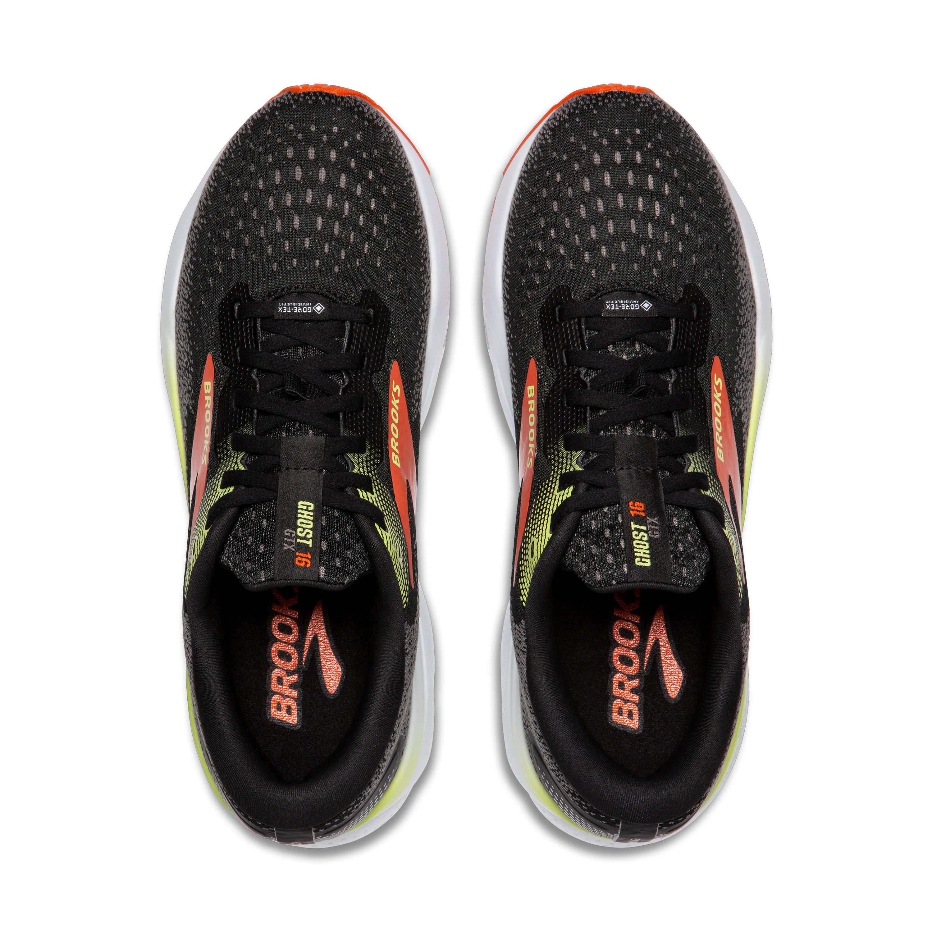 BROOKS MEN'S GHOST 16 GTX - D - 049 BLACK/MANDARIN RED/GREEN 