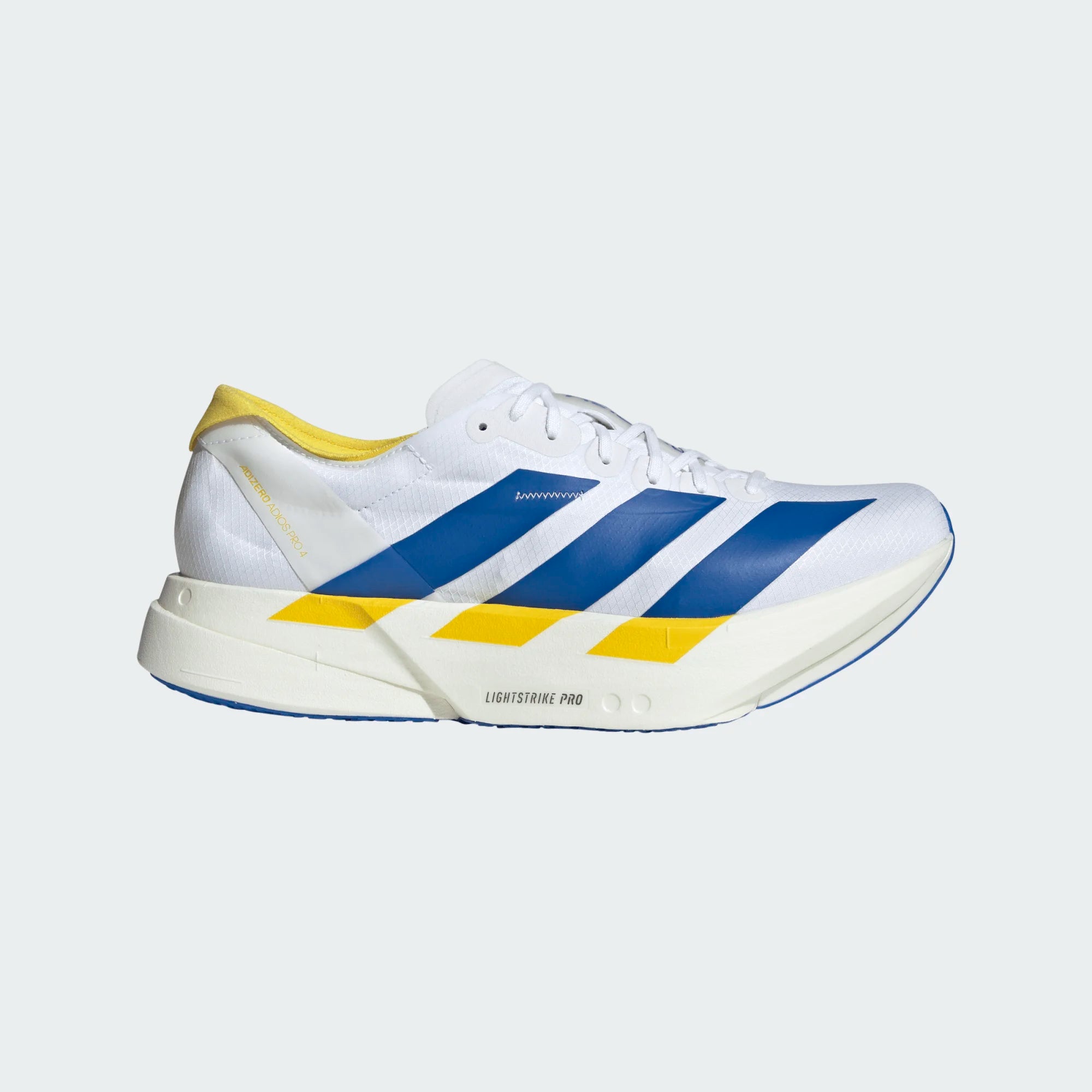 MEN'S ADIZERO ADIOS PRO 4 - D - WHITE/BLUE/YELLOW | Performance Running Outfitters MEN'S ADIZERO ADIOS PRO 4 - D - WHITE/BLUE/YELLOW | Performance Running Outfitters