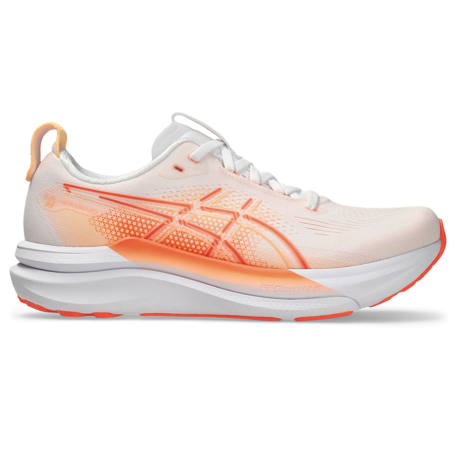 ASICS WOMEN'S KAYANO 33 - WHITE/VIVID CORAL 101 WHITE/VIVID CORAL