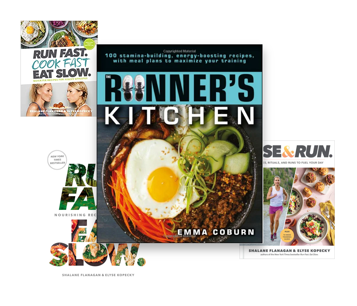 4 different cookbooks, runners kitchen, run fast eat slow, rise & run, and run fast cook fast eat slow