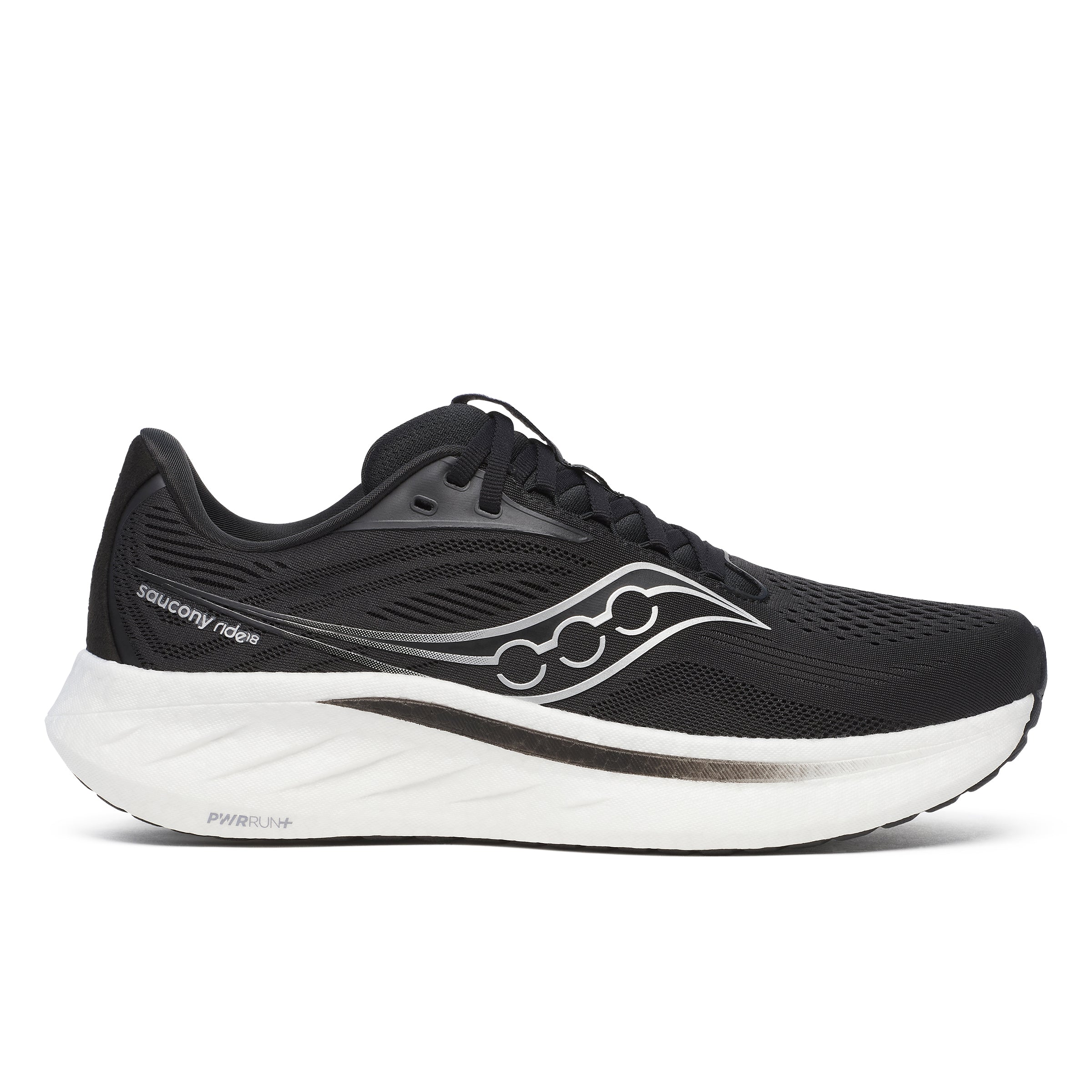 SAUCONY MEN'S RIDE 18 - D - 100 BLACK/WHITE 7.0